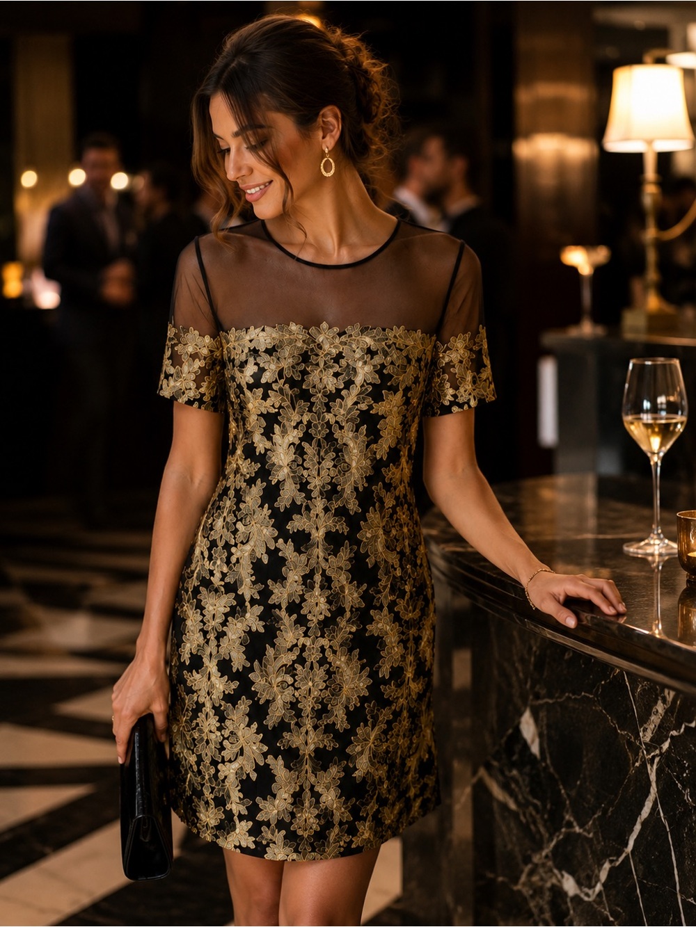 Tadashi Shoji Ivette Gold Embroidered Applique Dress Size 8 NWOT